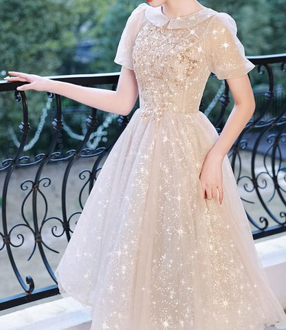 Short Sleeve Collared Sequin Embroidered Mesh A-Line Cocktail Dress (Various Designs)