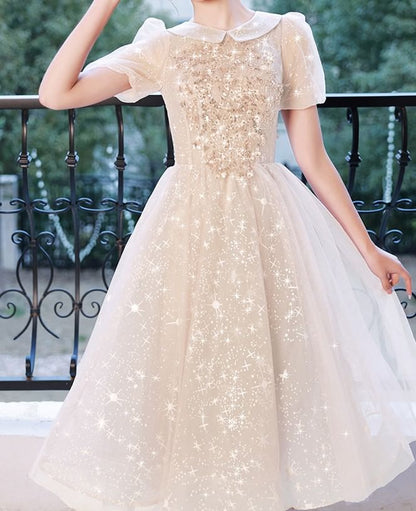 Short Sleeve Collared Sequin Embroidered Mesh A-Line Cocktail Dress (Various Designs)