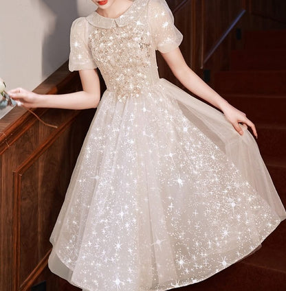 Short Sleeve Collared Sequin Embroidered Mesh A-Line Cocktail Dress (Various Designs)