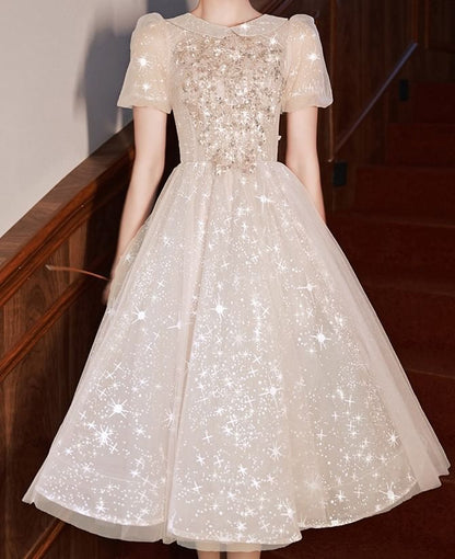 Short Sleeve Collared Sequin Embroidered Mesh A-Line Cocktail Dress (Various Designs)