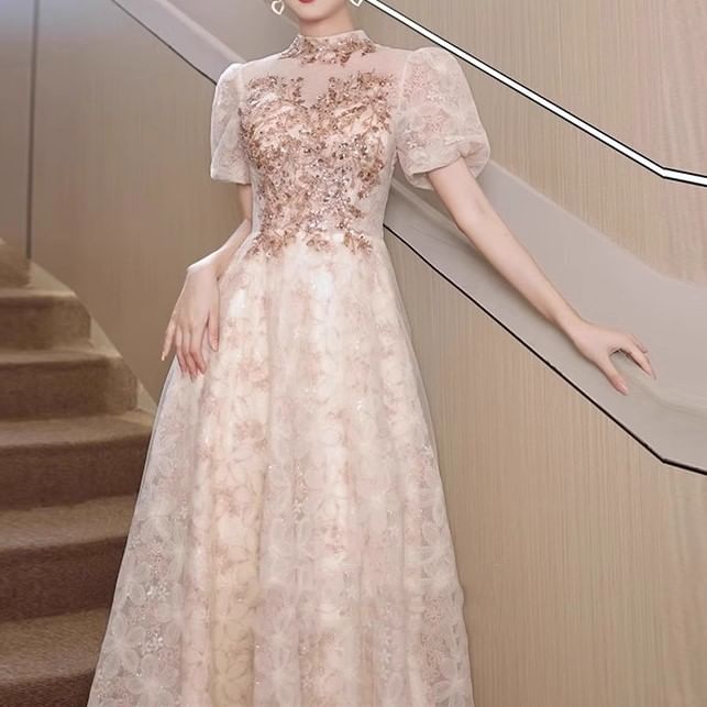 Stand Collar Sequin Embroidered Mesh A-Line Cocktail Dress (Various Designs)