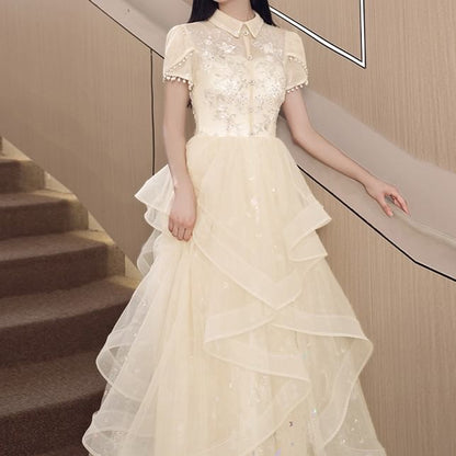 Short Sleeve Collared Floral Embroidered Ruffle Mesh A-Line Cocktail Dress (Various Designs)