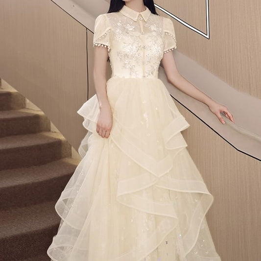 Short Sleeve Collared Floral Embroidered Ruffle Mesh A-Line Cocktail Dress (Various Designs)