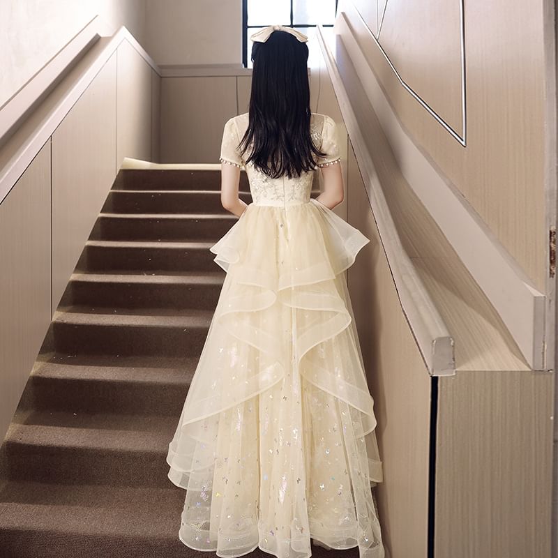 Short Sleeve Collared Floral Embroidered Ruffle Mesh A-Line Cocktail Dress (Various Designs)