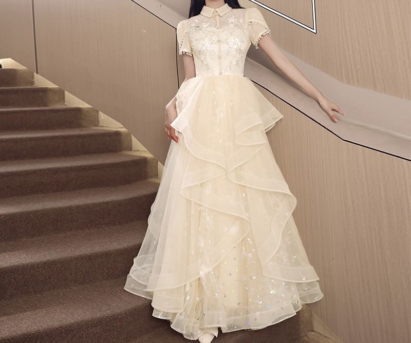 Short Sleeve Collared Floral Embroidered Ruffle Mesh A-Line Cocktail Dress (Various Designs)