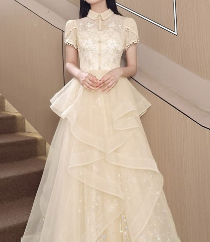 Short Sleeve Collared Floral Embroidered Ruffle Mesh A-Line Cocktail Dress (Various Designs)