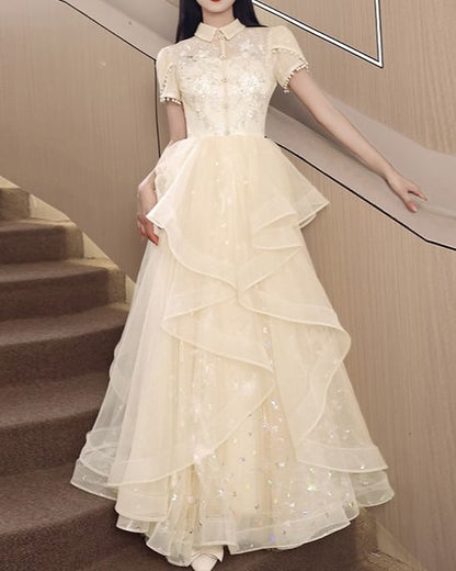 Short Sleeve Collared Floral Embroidered Ruffle Mesh A-Line Cocktail Dress (Various Designs)