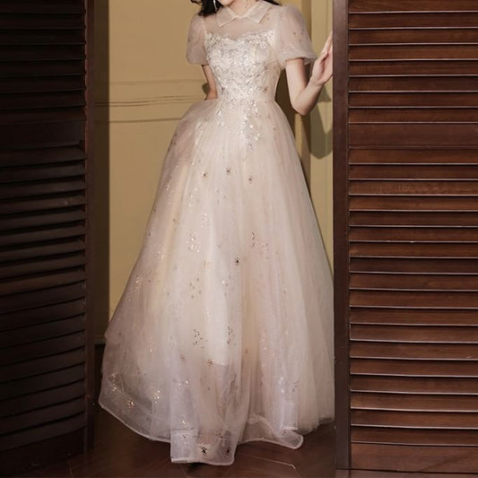 Short Sleeve Collared Sequin Embroidered Ruffle Mesh A-Line Cocktail Dress (Various Designs)