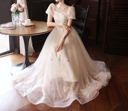 Short Sleeve Collared Sequin Embroidered Ruffle Mesh A-Line Cocktail Dress (Various Designs)