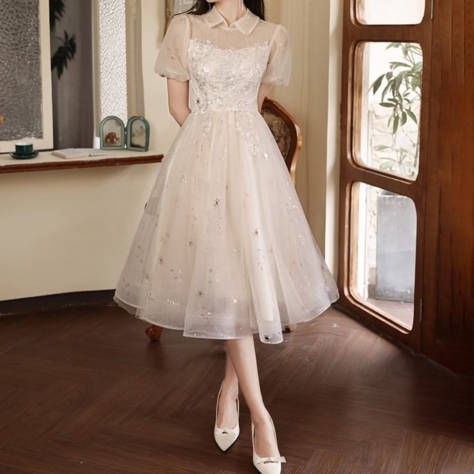 Short Sleeve Collared Sequin Embroidered Ruffle Mesh A-Line Cocktail Dress (Various Designs)