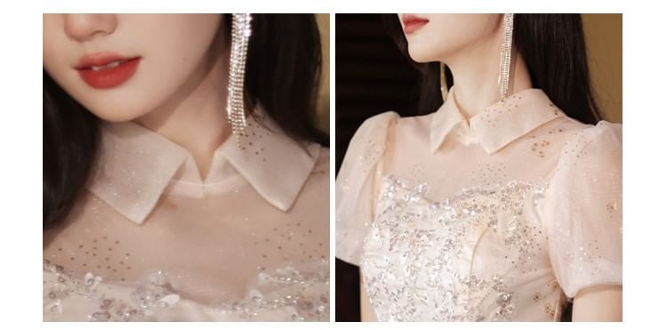 Short Sleeve Collared Sequin Embroidered Ruffle Mesh A-Line Cocktail Dress (Various Designs)