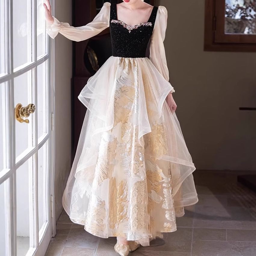 Long Sleeve Sweetheart Neck Rhinestone Ruffle Jacquard Panel Mesh A-Line Evening Dress