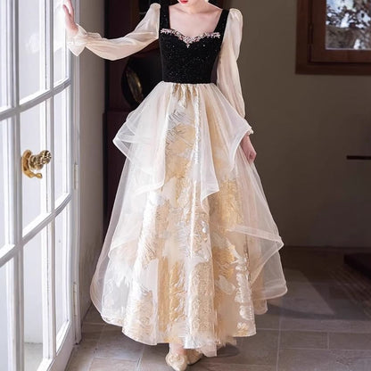 Long Sleeve Sweetheart Neck Rhinestone Ruffle Jacquard Panel Mesh A-Line Evening Dress