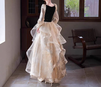 Long Sleeve Sweetheart Neck Rhinestone Ruffle Jacquard Panel Mesh A-Line Evening Dress