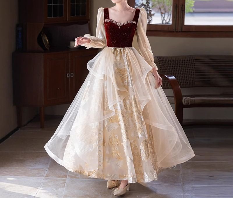 Long Sleeve Sweetheart Neck Rhinestone Ruffle Jacquard Panel Mesh A-Line Evening Dress