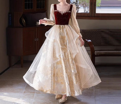 Long Sleeve Sweetheart Neck Rhinestone Ruffle Jacquard Panel Mesh A-Line Evening Dress