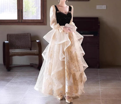 Long Sleeve Sweetheart Neck Rhinestone Ruffle Jacquard Panel Mesh A-Line Evening Dress