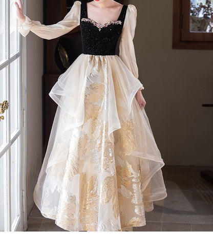 Long Sleeve Sweetheart Neck Rhinestone Ruffle Jacquard Panel Mesh A-Line Evening Dress