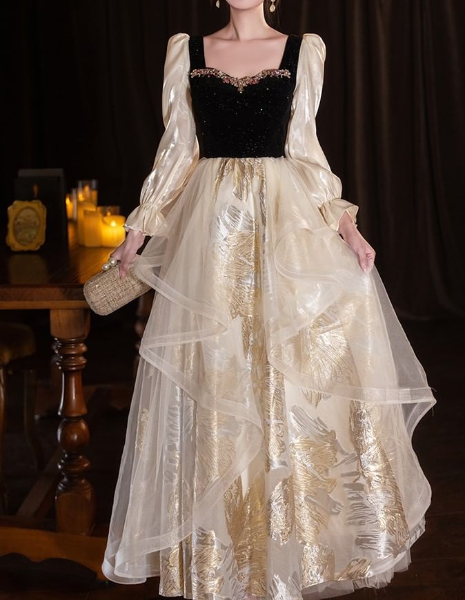 Long Sleeve Sweetheart Neck Rhinestone Ruffle Jacquard Panel Mesh A-Line Evening Dress