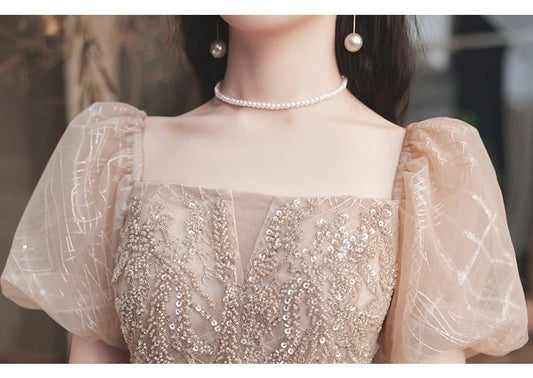 Short Sleeve Square Neck Sequin Embroidered Mesh A-Line Cocktail Dress (Various Designs)