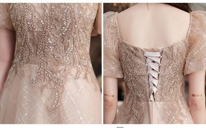 Short Sleeve Square Neck Sequin Embroidered Mesh A-Line Cocktail Dress (Various Designs)