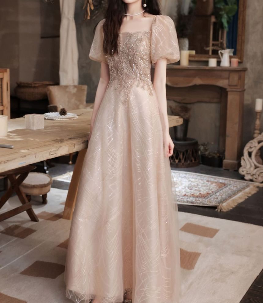 Short Sleeve Square Neck Sequin Embroidered Mesh A-Line Cocktail Dress (Various Designs)