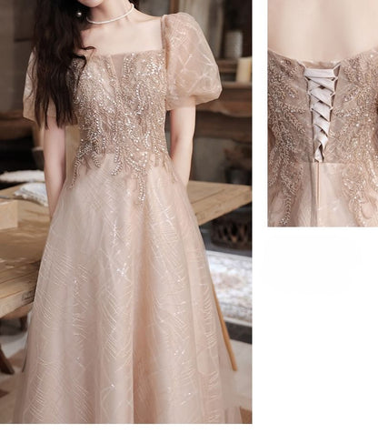 Short Sleeve Square Neck Sequin Embroidered Mesh A-Line Cocktail Dress (Various Designs)