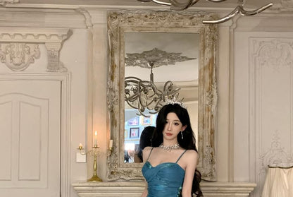 Spaghetti Strap Sweetheart Neck Plain Ruffle Trim Mermaid Evening Gown