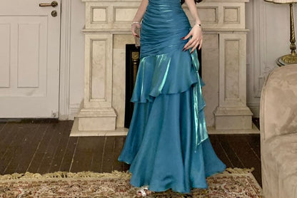 Spaghetti Strap Sweetheart Neck Plain Ruffle Trim Mermaid Evening Gown