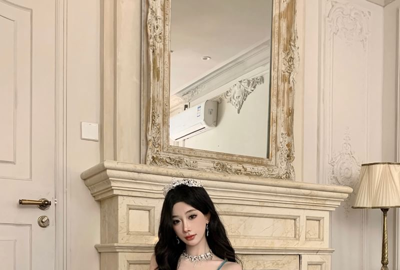Spaghetti Strap Sweetheart Neck Plain Ruffle Trim Mermaid Evening Gown