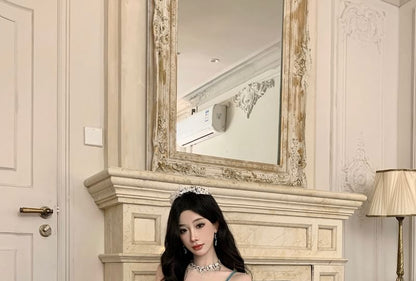Spaghetti Strap Sweetheart Neck Plain Ruffle Trim Mermaid Evening Gown