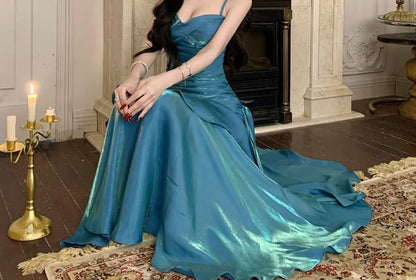 Spaghetti Strap Sweetheart Neck Plain Ruffle Trim Mermaid Evening Gown
