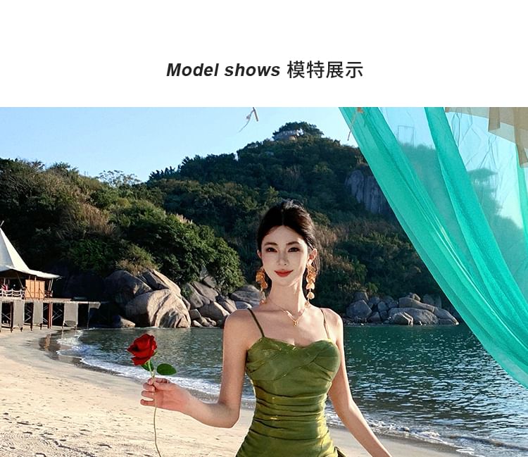 Spaghetti Strap Sweetheart Neck Ruffle Trim Mermaid Evening Dress