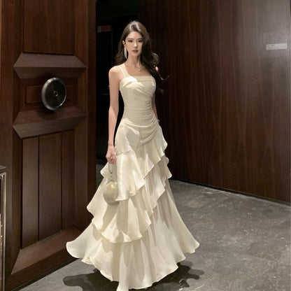 Spaghetti Strap Plain Ruffle Trim Tiered A-Line Evening Gown