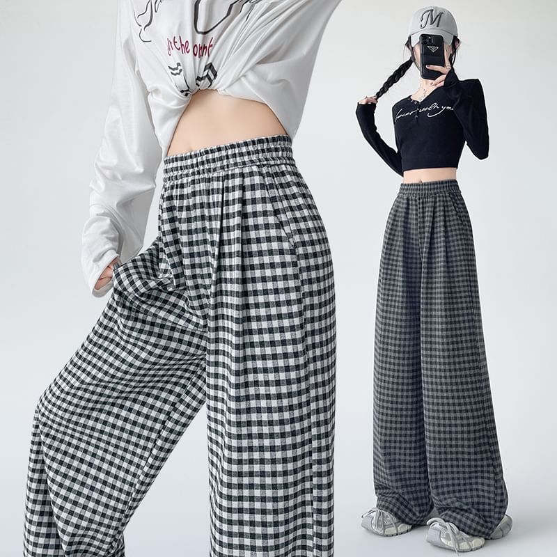Elastic Waist Plaid Wide Leg Pants (Various Designs)