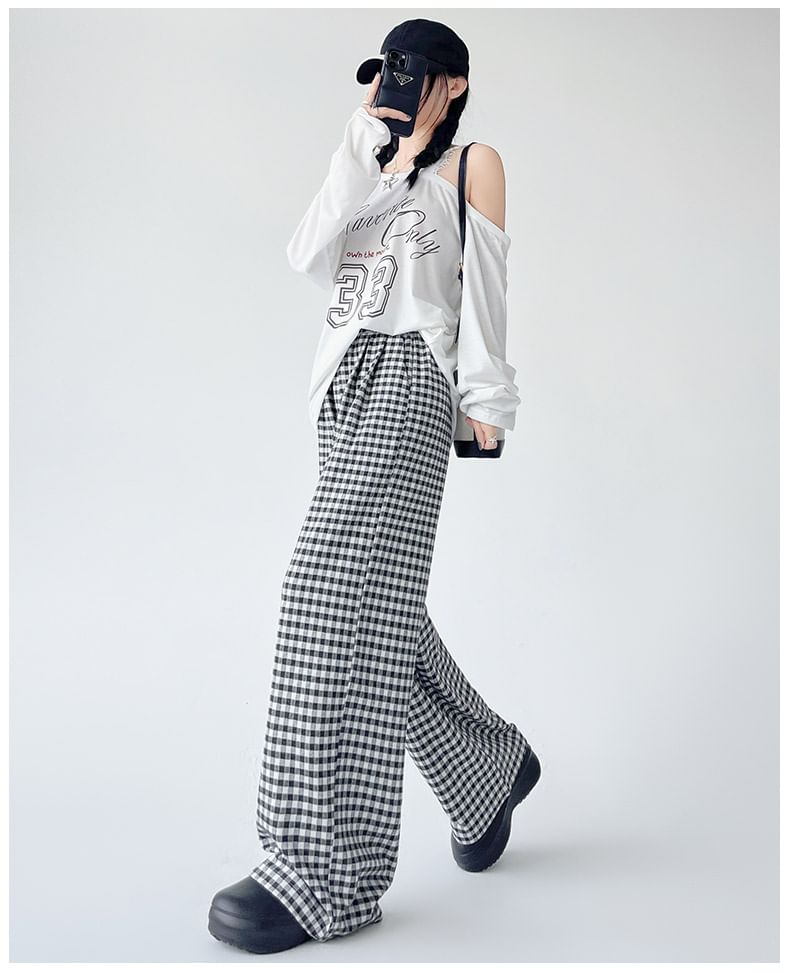 Elastic Waist Plaid Wide Leg Pants (Various Designs)
