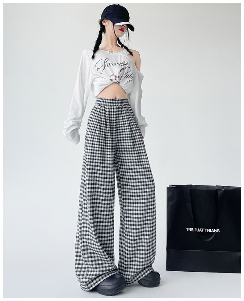 Elastic Waist Plaid Wide Leg Pants (Various Designs)