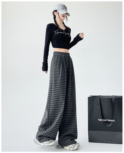 Elastic Waist Plaid Wide Leg Pants (Various Designs)