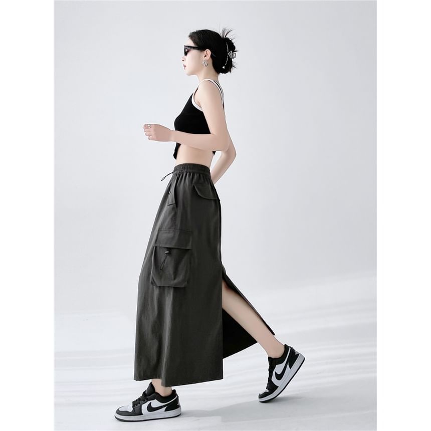 Drawstring Waist Plain Slit Midi A-Line Cargo Skirt