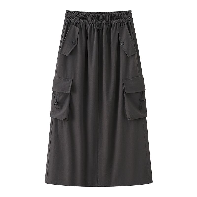 Drawstring Waist Plain Slit Midi A-Line Cargo Skirt