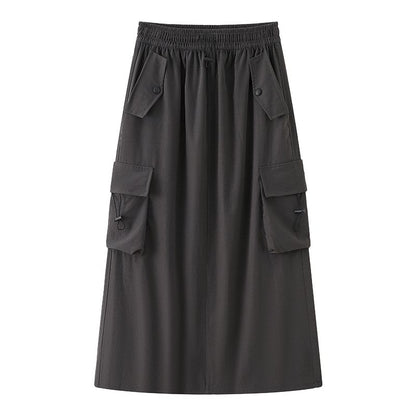 Drawstring Waist Plain Slit Midi A-Line Cargo Skirt