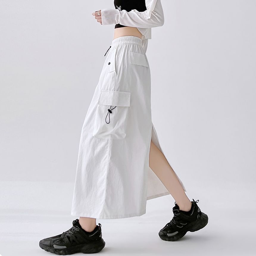Drawstring Waist Plain Slit Midi A-Line Cargo Skirt