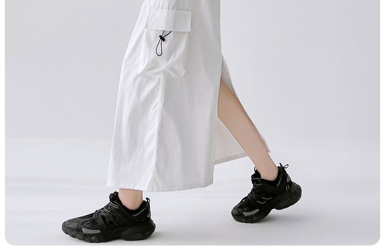 Drawstring Waist Plain Slit Midi A-Line Cargo Skirt