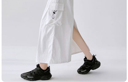 Drawstring Waist Plain Slit Midi A-Line Cargo Skirt