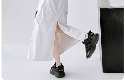 Drawstring Waist Plain Slit Midi A-Line Cargo Skirt