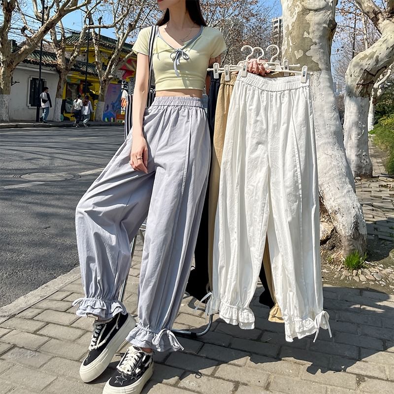Elastic Waist Plain Bow Ruffle Trim Cropped Harem Pants