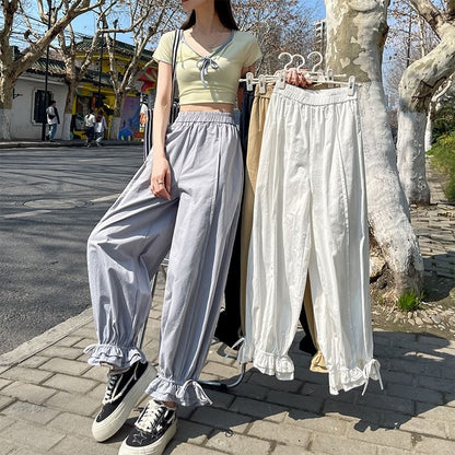 Elastic Waist Plain Bow Ruffle Trim Cropped Harem Pants