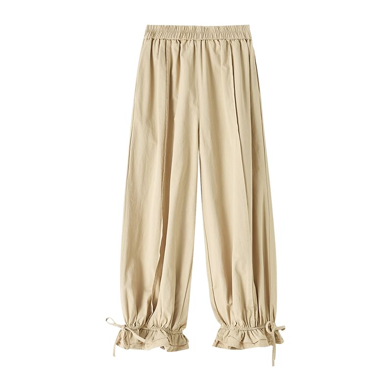 Elastic Waist Plain Bow Ruffle Trim Cropped Harem Pants