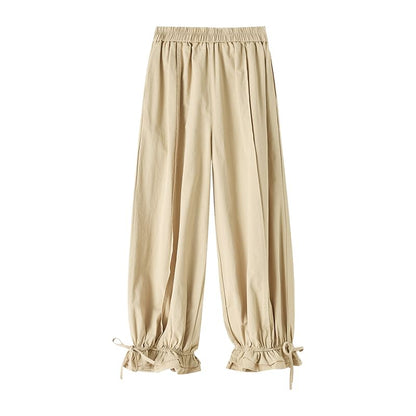 Elastic Waist Plain Bow Ruffle Trim Cropped Harem Pants