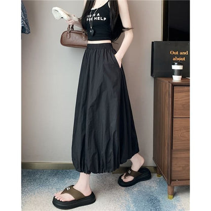 High Waist Plain Bubble Hem Midi A-Line Skirt